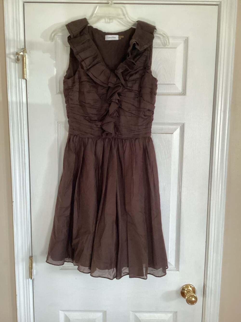 Calvin Klein Chocolate Brown Sleeveless V-Neck Ruffle Ruched Fit & Flare Dress